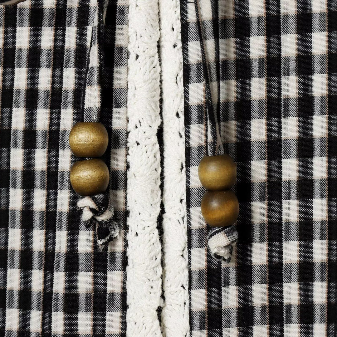 Women Checked Blouse Jacket with Crochet Edge, Tie Band and Three-Quarter Sleeves Amarae