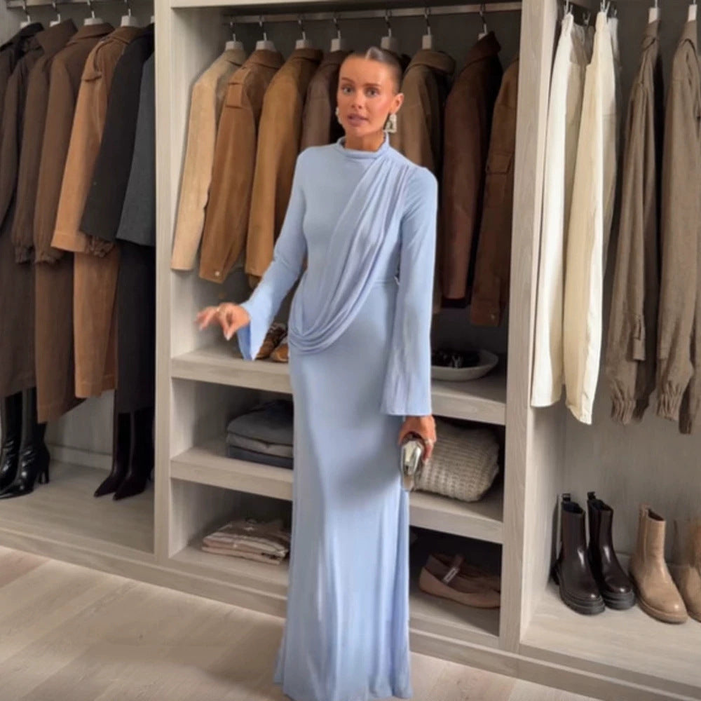 Women's Maxi Dress with Draped Front, Stand Collar and Bell Sleeves Amarae