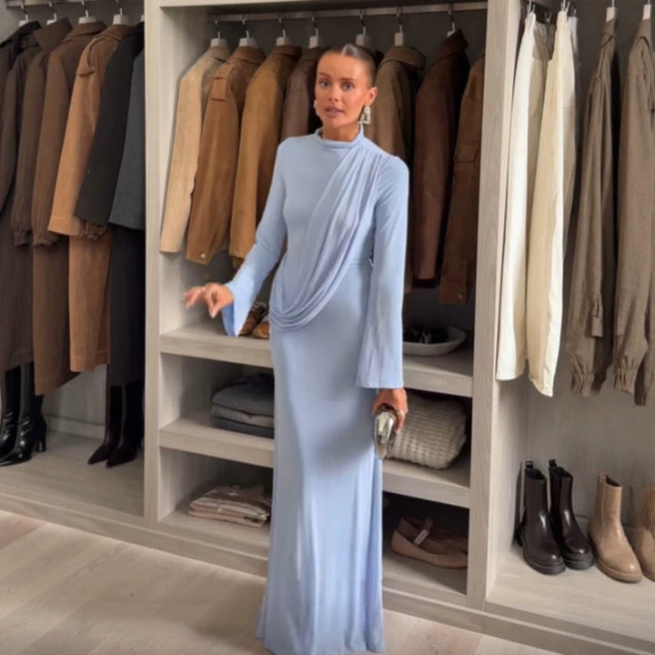 Women's Maxi Dress with Draped Front, Stand Collar and Bell Sleeves Amarae