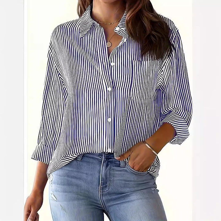 Striped blouse for ladies with a loose fit and practical chest pocket Lune London