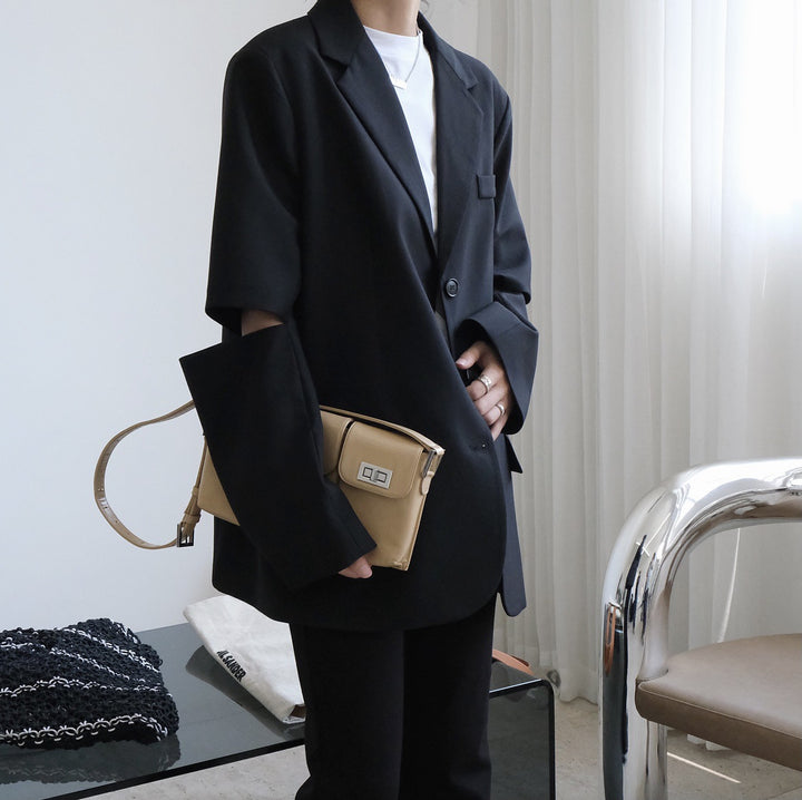 Women Single-Breasted Oversized Blazer with Boxy Silhouette and Piping Detail Amarae