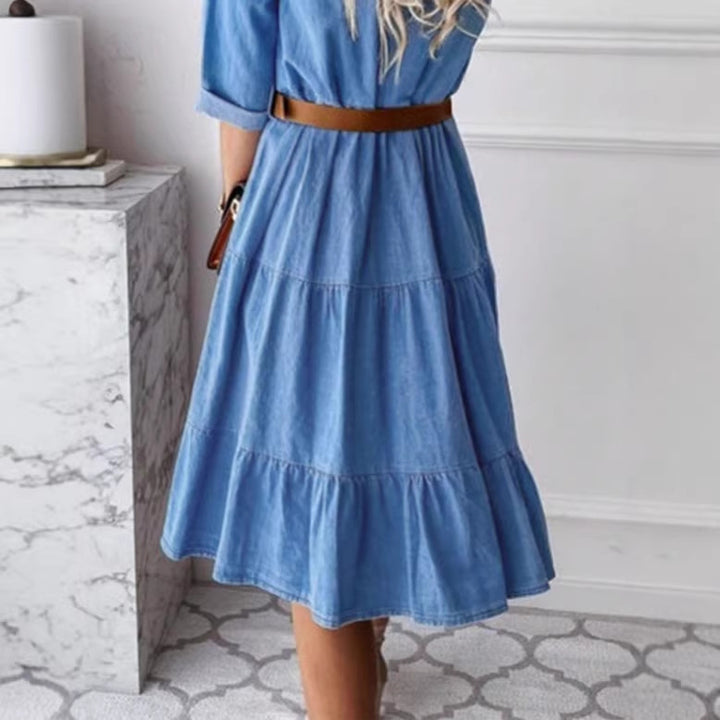 Women's Long Denim Dress with Tiered Skirt, Shirt Collar and Waist-Emphasizing Elastic Amarae