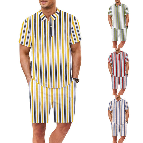 Men's set consisting of a short-sleeved blouse and shorts with a chic striped design