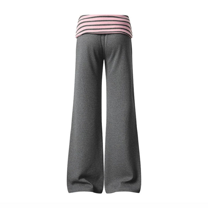 Women's Wide Loungewear Pants with Cuffable Striped Waistband and Decorative Buttons Amarae