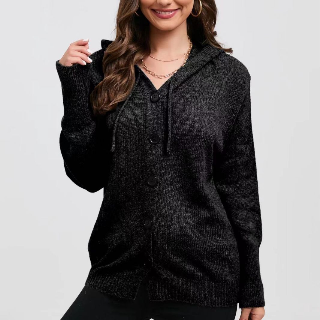 Hooded knit jacket for women with button closure and wide ribbed pattern Lune London