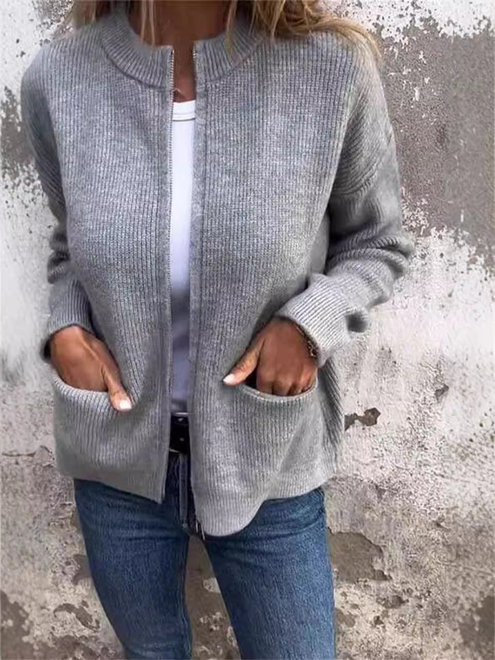 Amarae | Jacket with zipper - ribbed knit - loose fit - stand-up collar - practical pockets