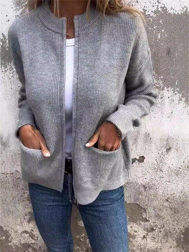 Amarae | Jacket with zipper - ribbed knit - loose fit - stand-up collar - practical pockets