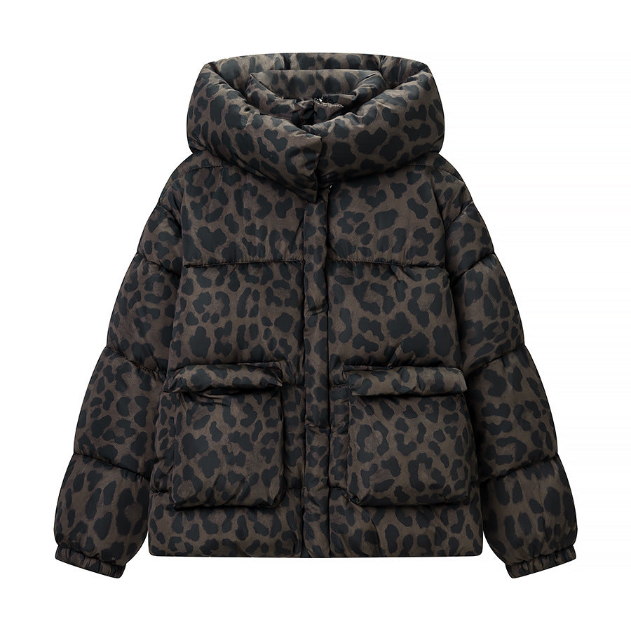 Women's Short Quilted Oversized Down-Effect Jacket with High Funnel Neck and Leopard Print Amarae