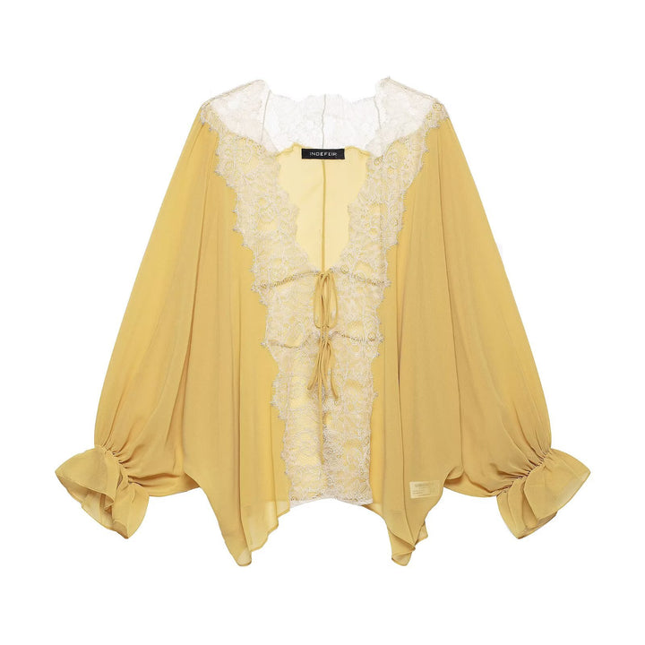 Women's Flowing Kimono Blouse with Lace Trim and Tie Band Amarae
