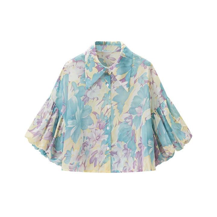Women's floral print chiffon blouse with wide balloon sleeves and shirt collar Amarae