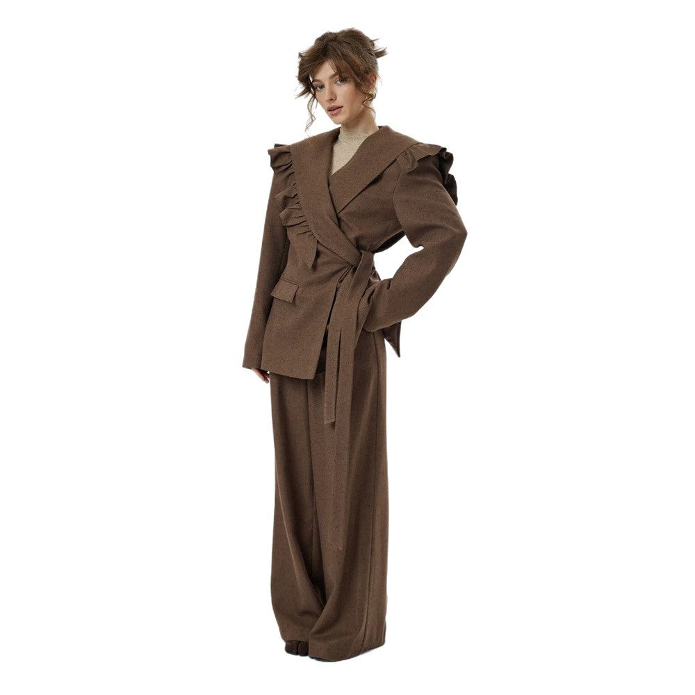 Women Two-Piece Oversized Blazer and Pants Set with Ruffled Shoulder and High Pleat Amarae