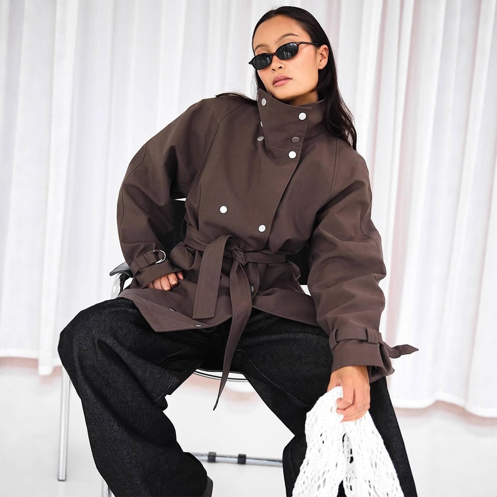 Women's Tailorable Oversized Short Trench Coat with High Stand Collar, Snap Button Front and Belt Amarae