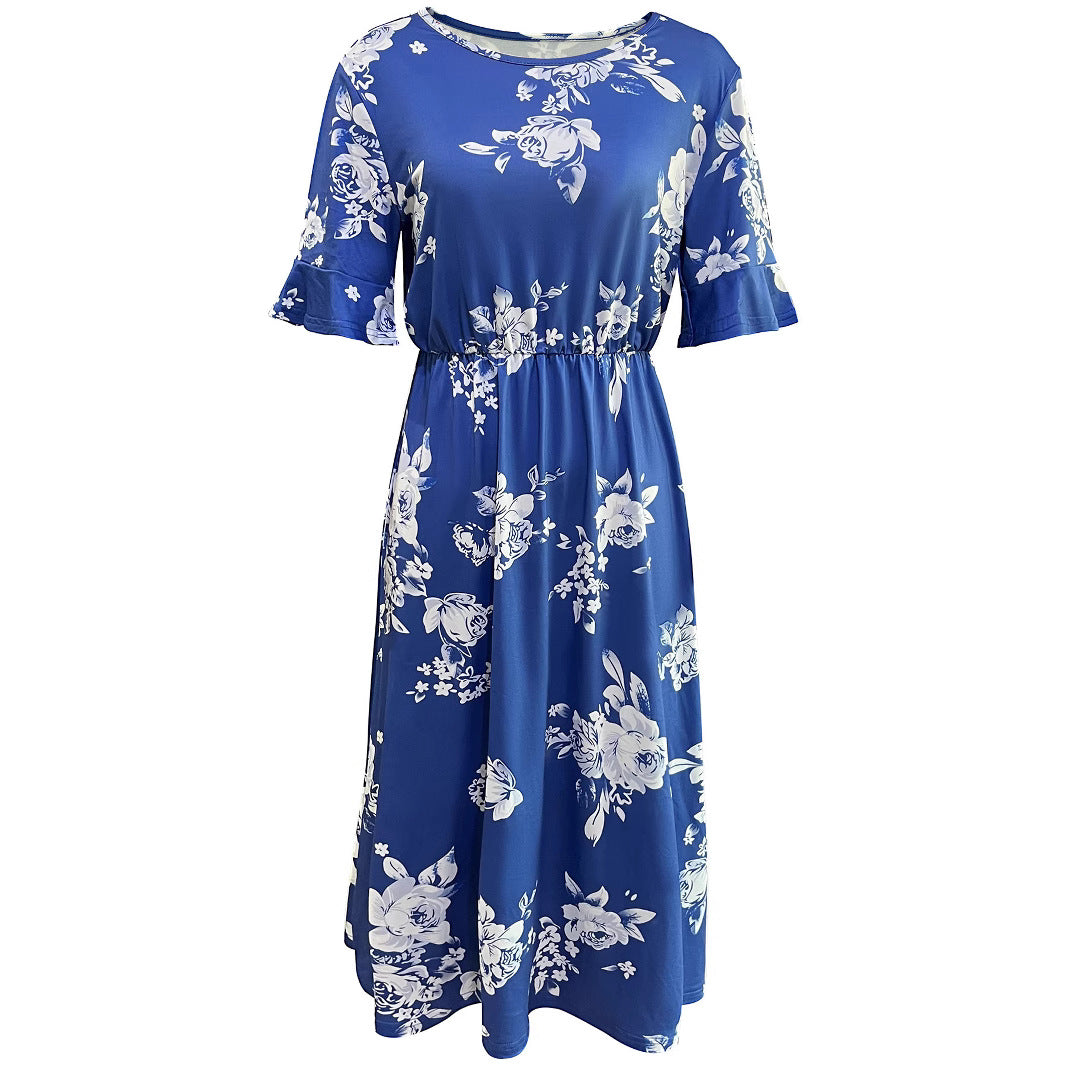 Midi dress for women with floral pattern and elastic waist cord Lune London