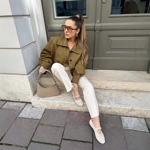 Short jacket for women with decorative button details and modern pleats Amarae