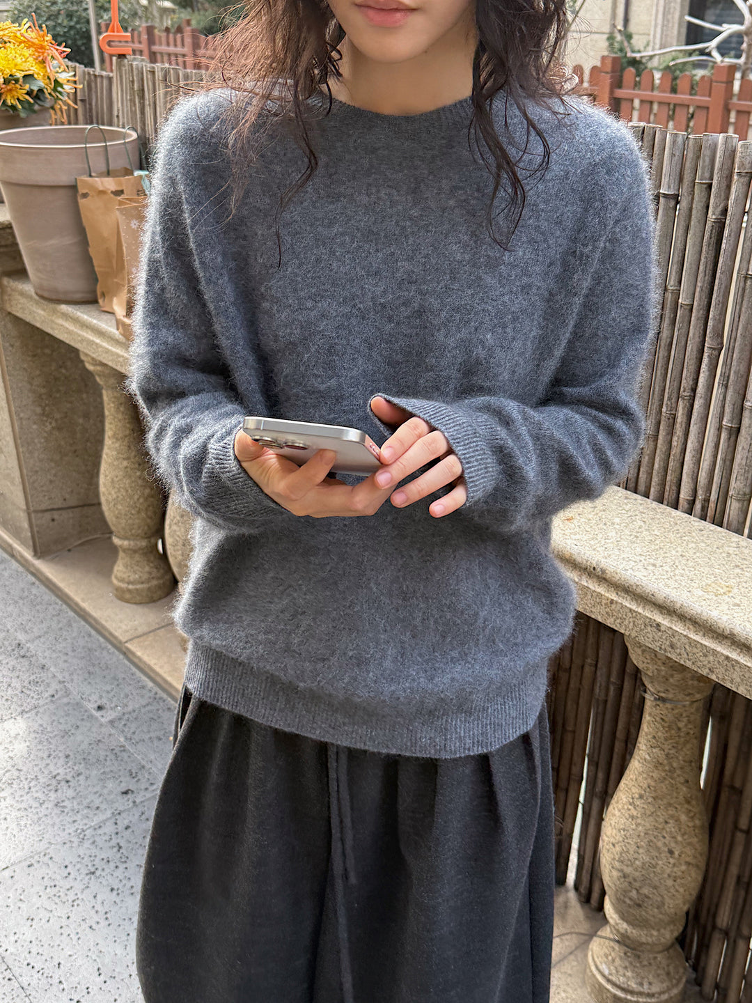 Women Soft Fluffy Knit Sweater with Fine Round Neck and Ribbed Hem Amarae