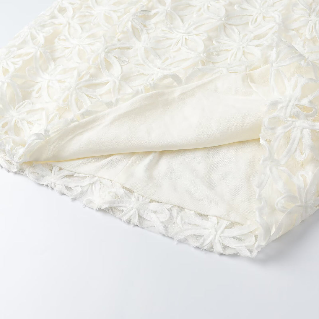 Women A-line Mini Dress with three-dimensional flower embroidery and puff sleeves Amarae