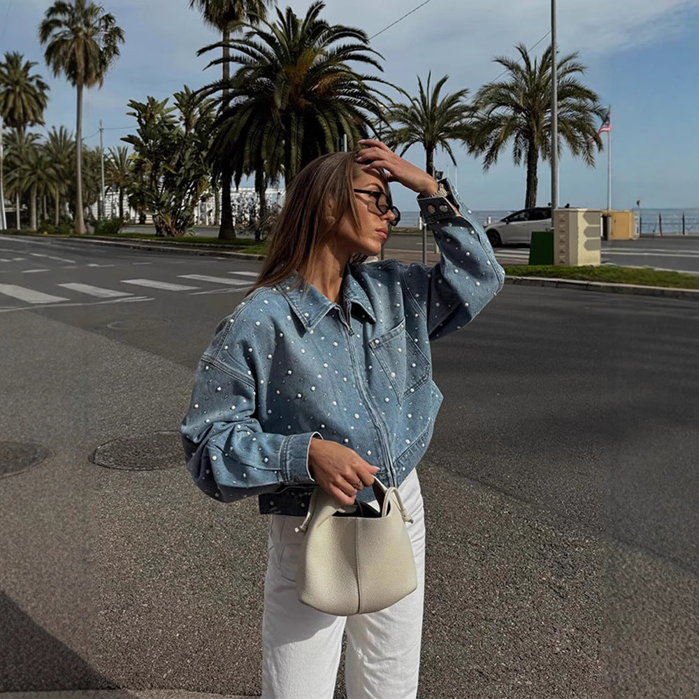 Women Cropped Denim Jacket with Pearl Detail and Oversized Sleeves Amarae