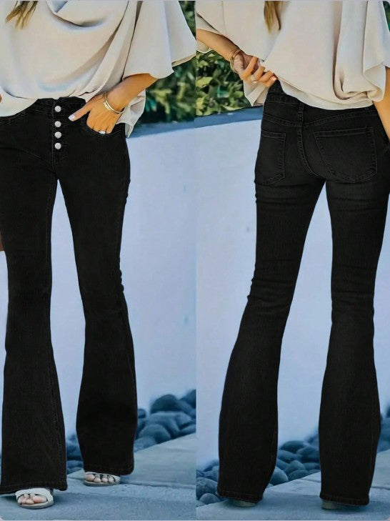 Ladies high-waisted flare jeans with decorative button placket and sculpting fit Amarae