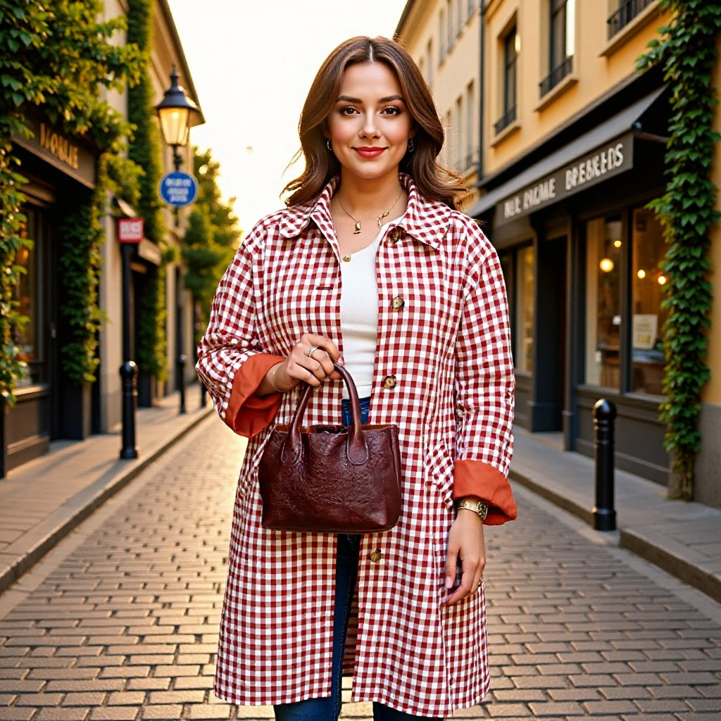 Women's Checked Midi Length Trench Coat with Turned-Up Cuffs Amarae