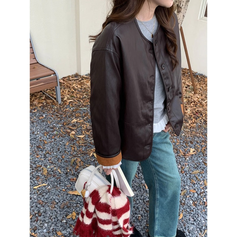 Ladies fashionable leather jacket with checked lining Chic & Stil