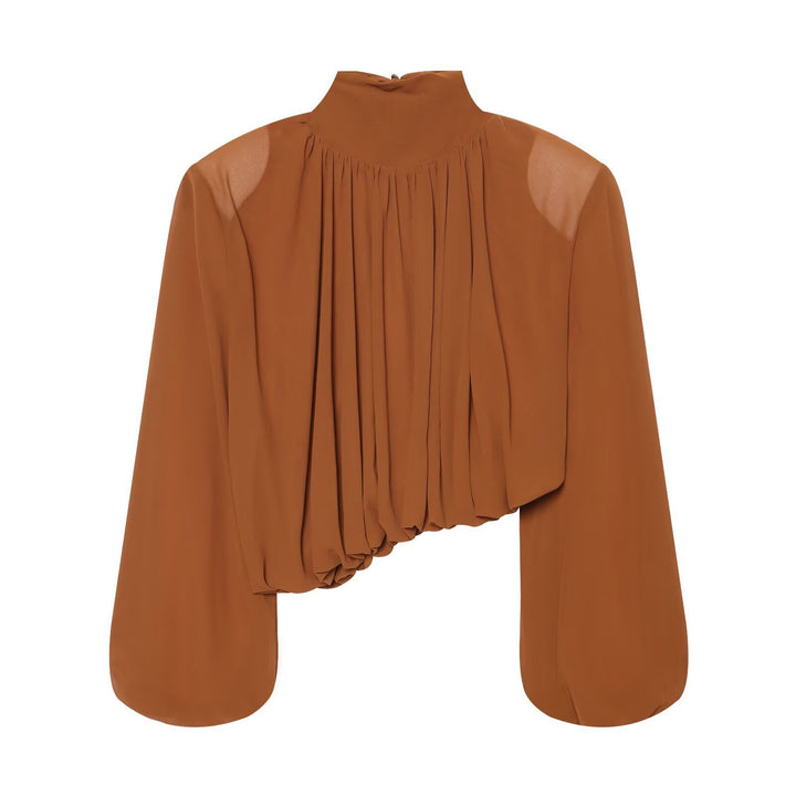 Ladies Pleated Blouse with Stand Collar and Balloon Sleeves Amarae