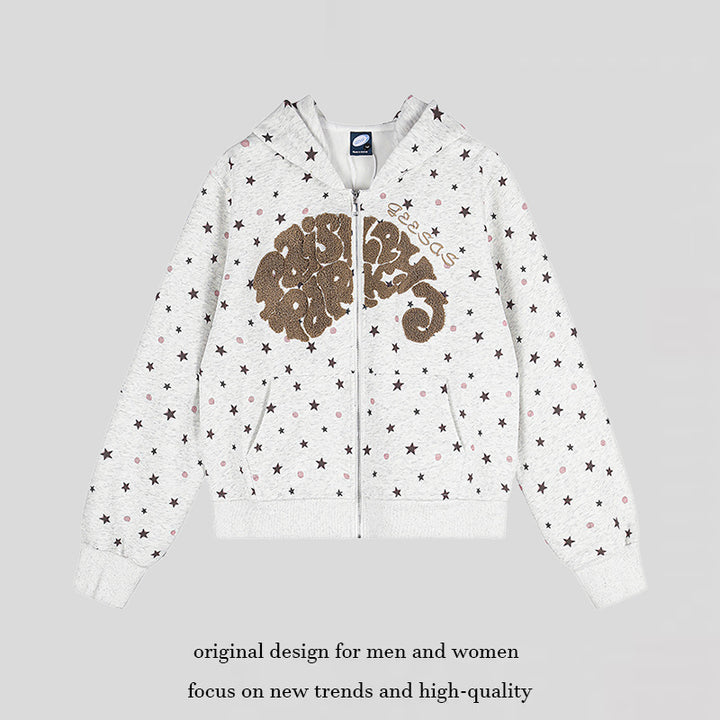 Women's Hoodie Sweat Jacket with Star Allover, Structured French Terry and Sparkling Front Application Amarae
