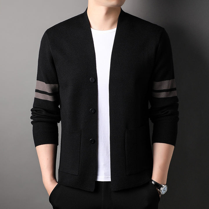 Trendy knit jacket for men with stylish contrasting stripes and practical pockets Lune London