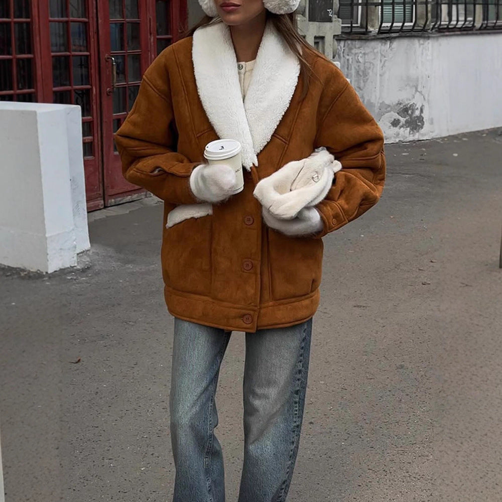 Women Oversized Sheepskin Imitation Jacket with Large Shawl Collar Amarae