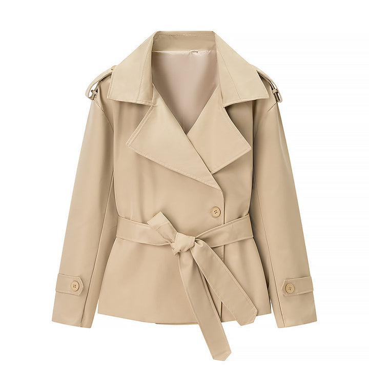 Women’s short trench coat with oversized lapels, tie belt, and epaulettes Amarae
