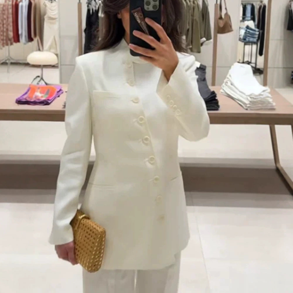 Women Longline Blazer with Stand Collar and Slim Silhouette Amarae