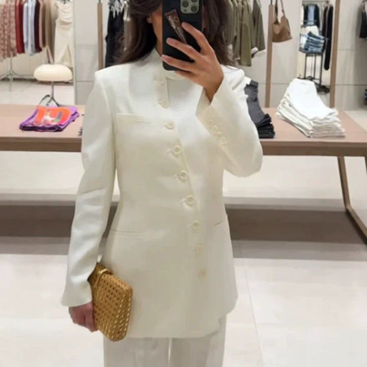 Women Longline Blazer with Stand Collar and Slim Silhouette Amarae