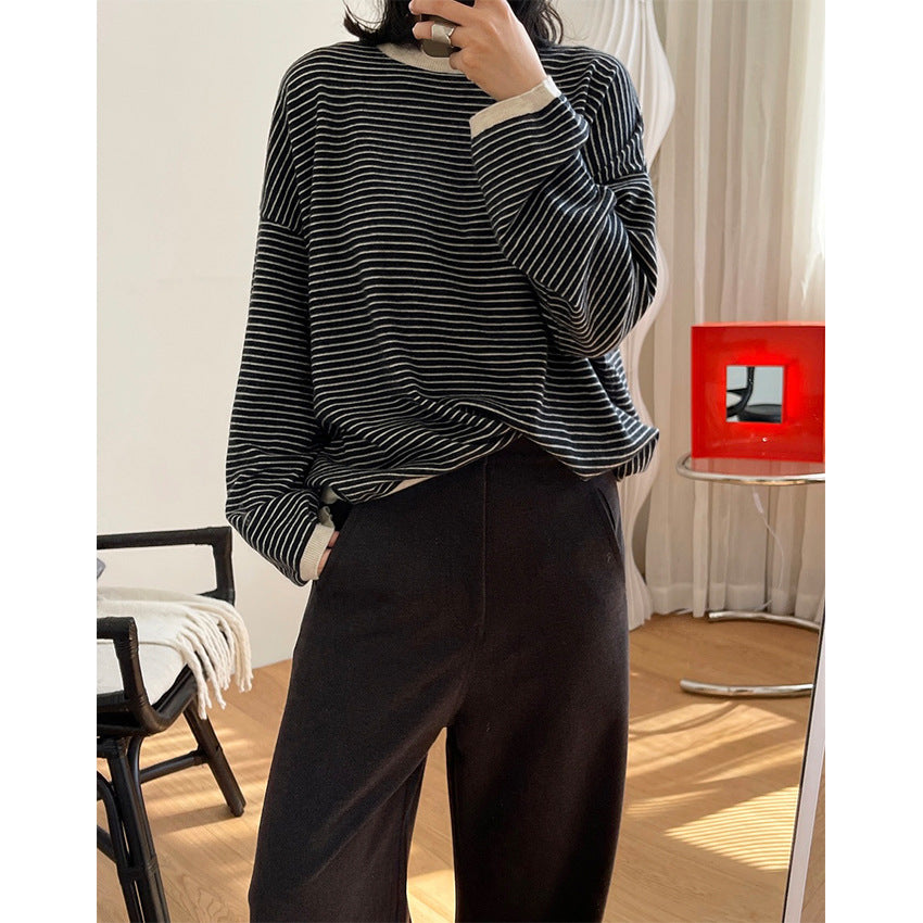 Women's Striped Fine Knit Sweater with Dropped Shoulder and Ribbed Collar Amarae