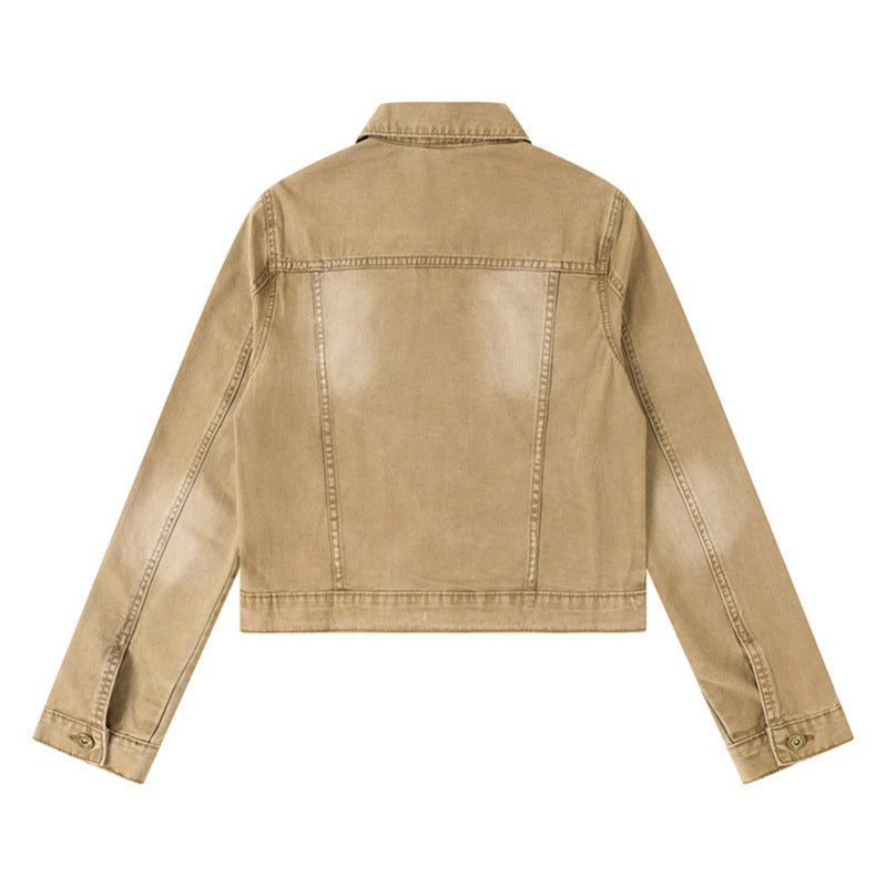 Women's Short Denim Jacket in Vintage Style with Button Placket, Chest Pockets and Fitted Cut Amarae