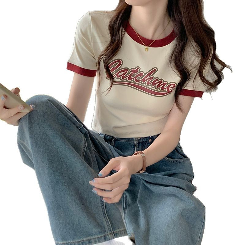 Women’s Casual Crop Top with Contrasting Sleeves and Creative Print Lune London