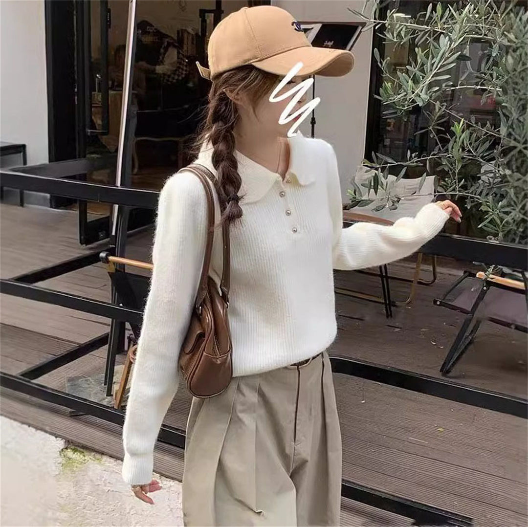 Pull élégant à col polo pour femmes en drap tricot doux