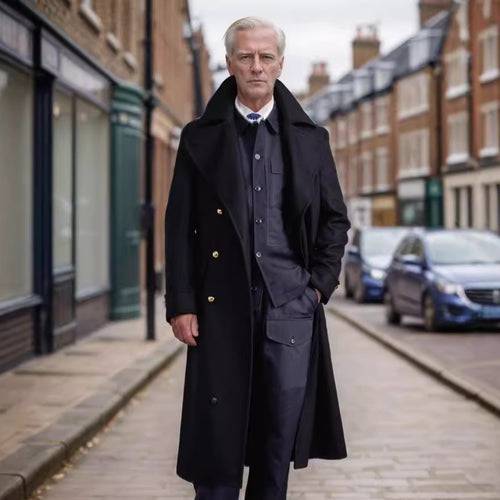 Elegant long coat for men with double-breasted buttons and wide lapels Amarae