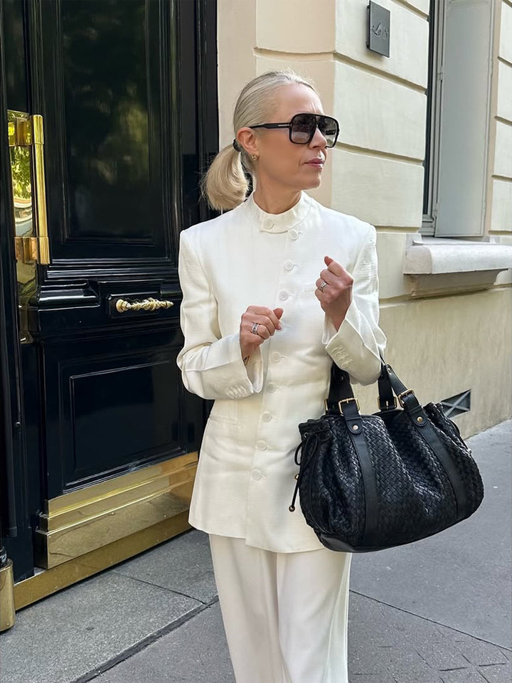 Women's tailored long blazer with a stand collar, boxy shoulder, and concealed button placket Amarae