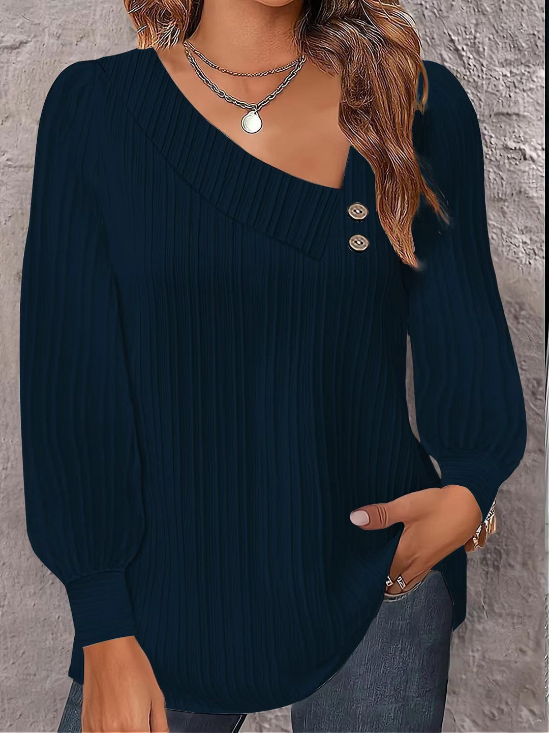 Ladies long sleeve trendy T-shirt with pleated texture and decorative buttons Lune London