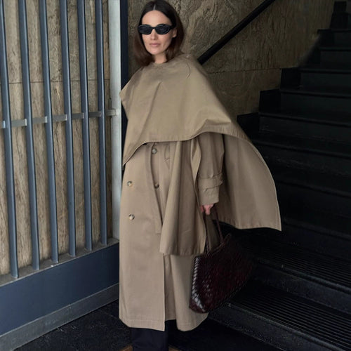 Women's Mid-Length Trench Coat with Poncho-Like Cape Overlay & Boxy Silhouette Amarae