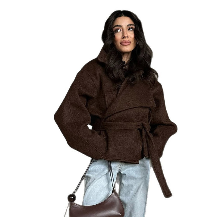 Ladies Cozy Wool Jacket with Loose Fit and Chic Waist Tie