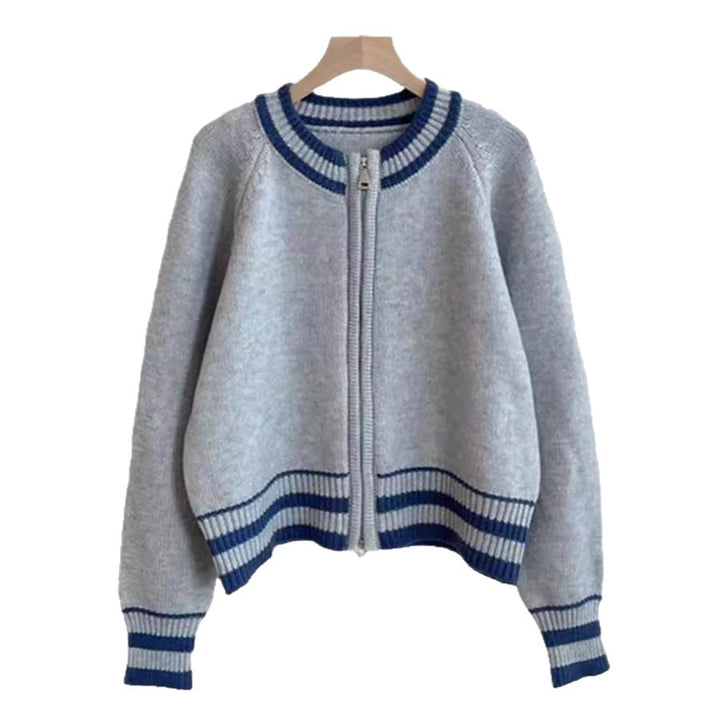 Cardigan en tricot à la mode pour femmes avec fermeture éclair et motif rayé sportif Chic & Stil