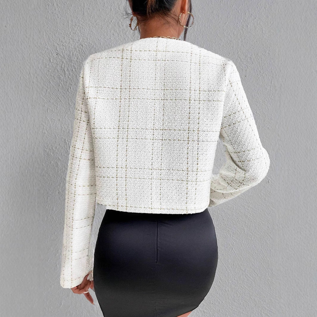Elegant short coat for women in textured fabric with button details Amarae