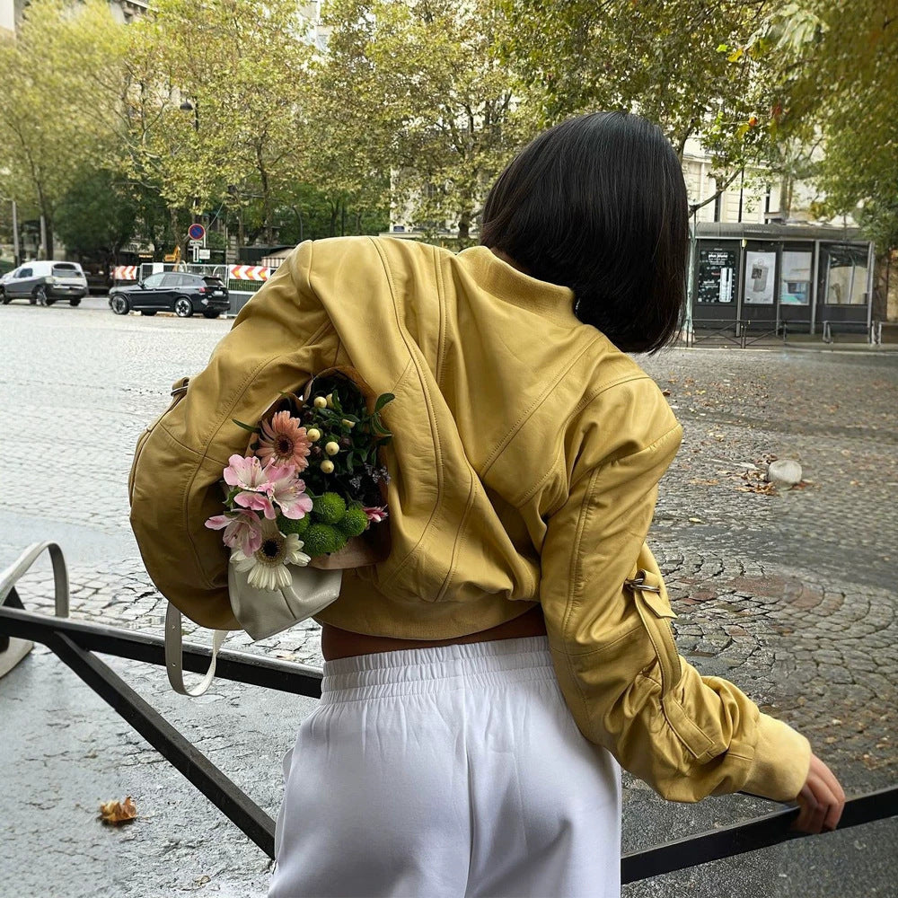 Women's short bomber jacket in boxy cut with distinctive seam details, zipper pockets and ribbed cuffs Amarae