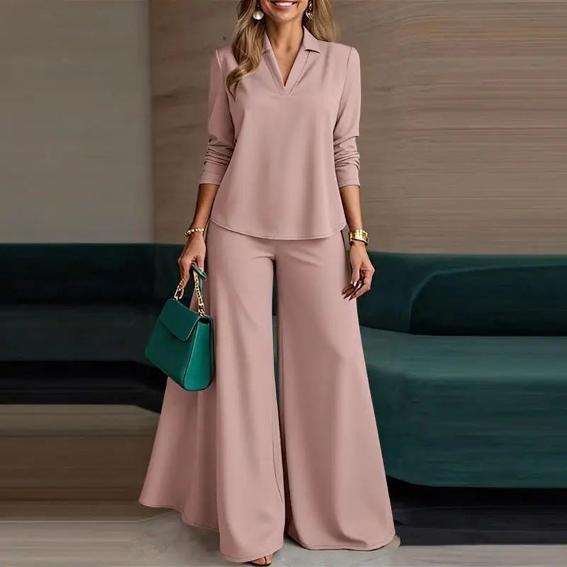 Ladies Elegant Two-Piece Palazzo Set with Shirt Collar Top and Wide Leg Amarae