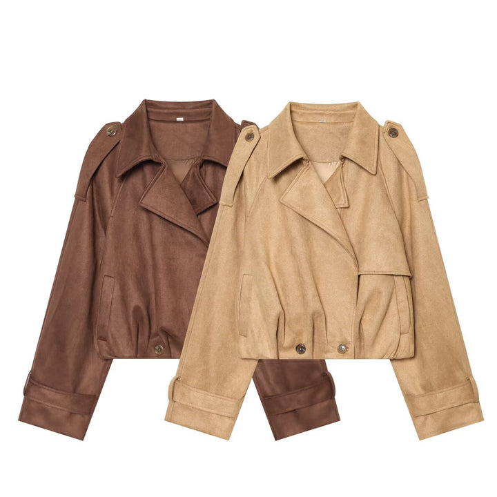 Women Short Cut Trench Jacket in Suede Look with Epaulettes and Buckle Cuffs Amarae