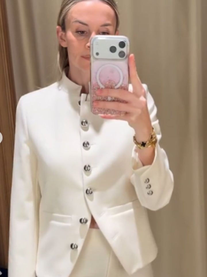 Women Tailored Blazer with Stand Collar and Silver Decorative Buttons Amarae