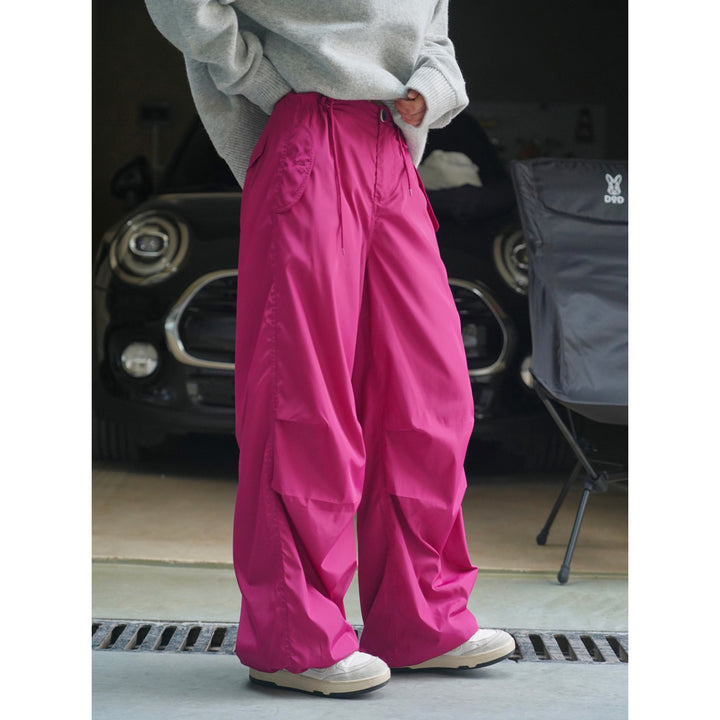 Women's Extra Wide Nylon Cargo Pants with Drawstring Waist and Attached Pockets Amarae