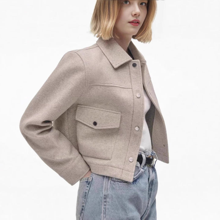 Women's Short Wool Jacket In Classic Style with Patch Pockets Amarae