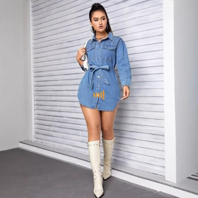 Women Studded Denim Shirt Dress with Waist Belt Amarae