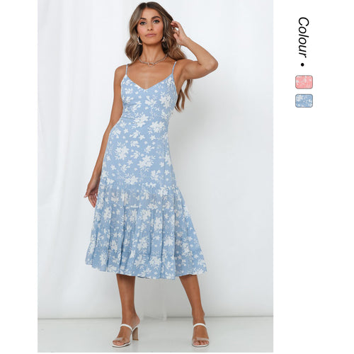 Women's midi dress with floral ruffles and swinging skirt Amarae